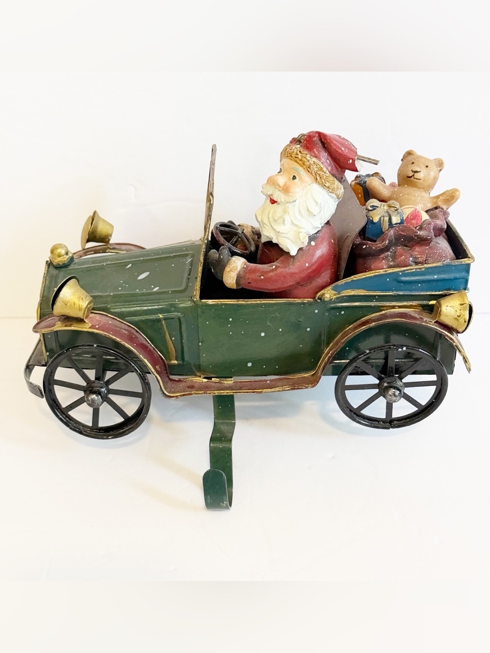 Christmas Express Metal Santa Driving Antique Car Stocking Holder Toys Retro